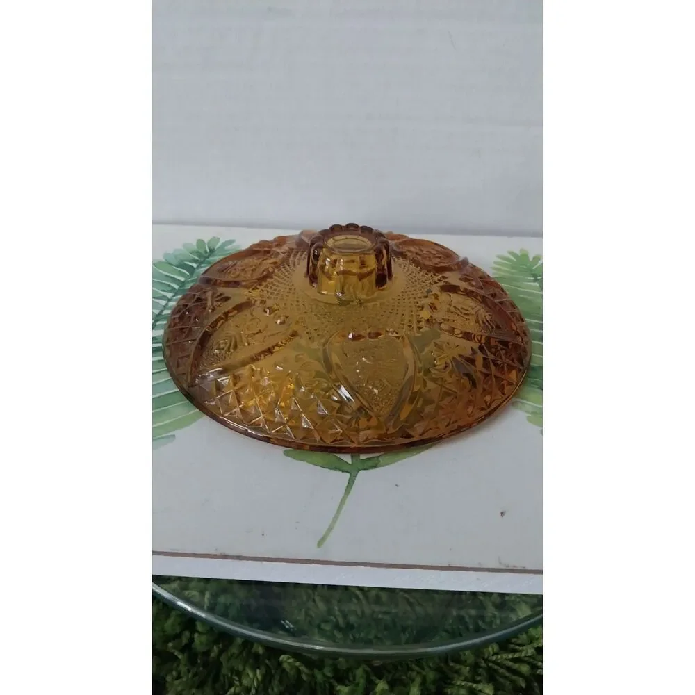 Vintage FNG Indonesia Amber LID ONLY for Candy Dish Heart Rose & Fleur De Lis